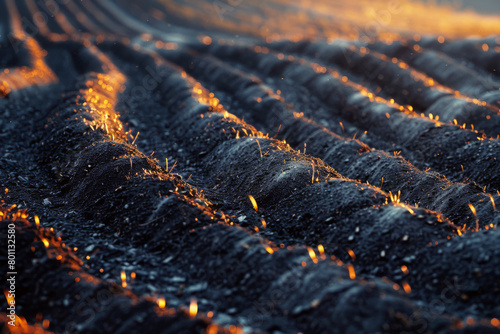 Agrarian natural background. Plowed field with burning straw in the rays of the early morning sun.