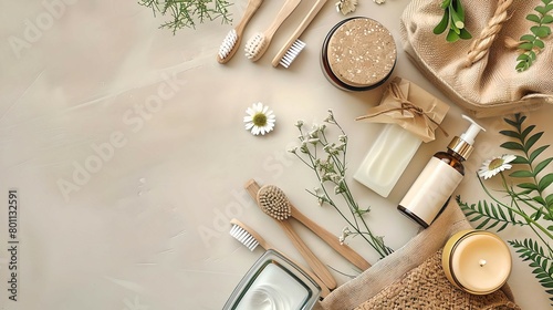 An array of sustainable beauty and skincare products neatly arranged, including brushes and organic creams on a clean surface. 