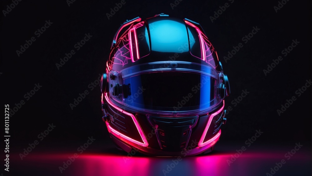 A feature-rich helmet illuminated in neon against a dark, isolated backdrop. A feature-rich helmet illuminated in neon against a dark, isolated backdrop.