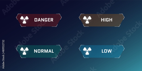 HUD digital futuristic user interface radiation frame set. Sci Fi high tech radioactive level element. GUI and FUI cyber monitoring nuclear indicator dashboard panel. Head up display UI design element