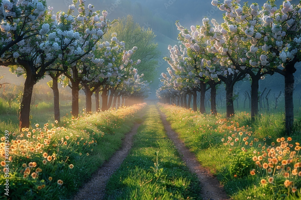 Apple Tree Orchard: Rows of blossoming trees in a spring landscape. Apple Tree Orchard: Rows of blossoming trees in a spring landscape.