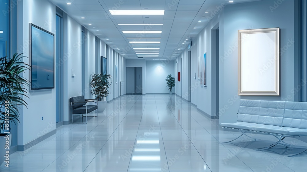 A large, empty hallway with a white poster on the wall. The poster is blank, and the hallway is illuminated by overhead lights. The space is clean and uncluttered, with a few potted plants A large, empty hallway with a white poster on the wall. The poster is blank, and the hallway is illuminated by overhead lights. The space is clean and uncluttered, with a few potted plants