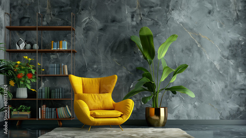 yellow armchair and flowers. Rustic Charm: Decorative Grey Stone Wall Living Room with Yellow Sofa Chair and Bookshelf