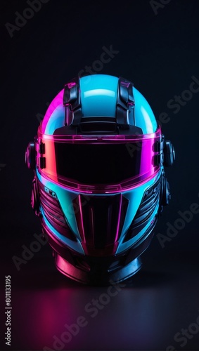 An ethereal protector's helmet shining brightly in neon against a backdrop of dark isolation.