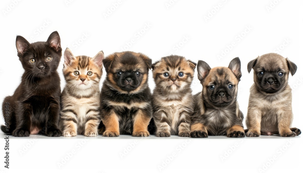 Obraz premium Diverse cats and dogs together in studio, high quality image on white background with space for text