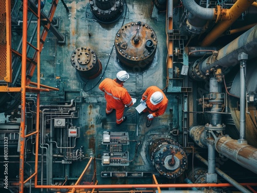 Two men in orange safety suits are standing in front of a large industrial plant. They are looking at a piece of equipment and writing something down. Scene is serious and focused