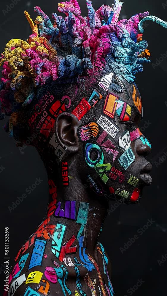 Portrait of an African male. Face and dreadlocks are covered with logos ...
