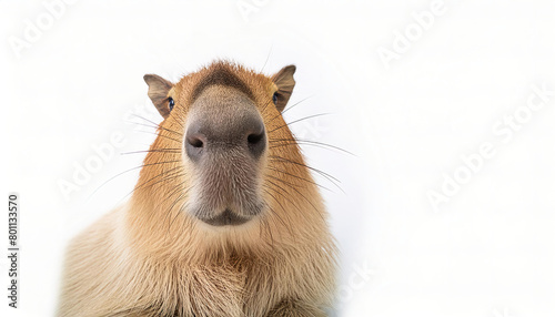 greater capybara - Hydrochoerus hydrochaeris - a giant cavy rodent native to South America and the largest living rodent, genus Hydrochoerus. Head and face look at camera isolated on white background photo