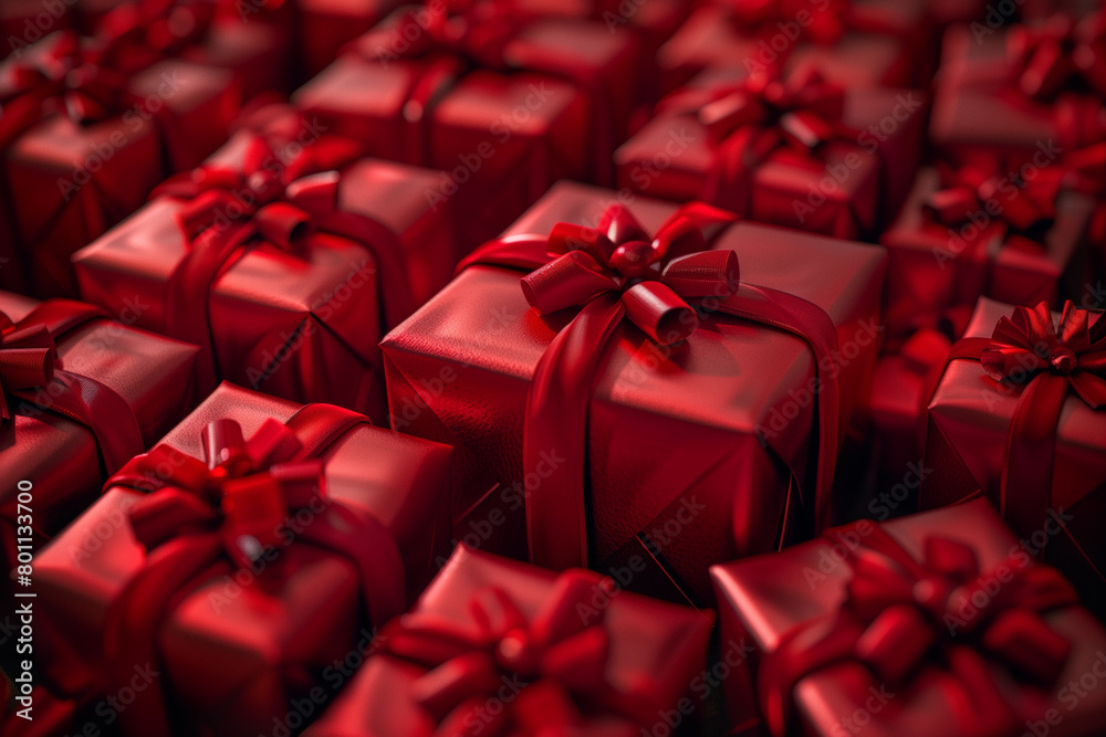 Illustration of full frame of red gifts with red ribbons, top view, 3d, illustration, top view Illustration of full frame of red gifts with red ribbons, top view, 3d, illustration, top view