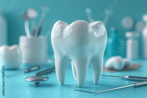 Huge tooth with dental equipment 3d illustration