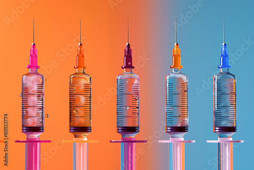 Grouping of Medical Syringes on Blue-Orange Background, 3d, illustration