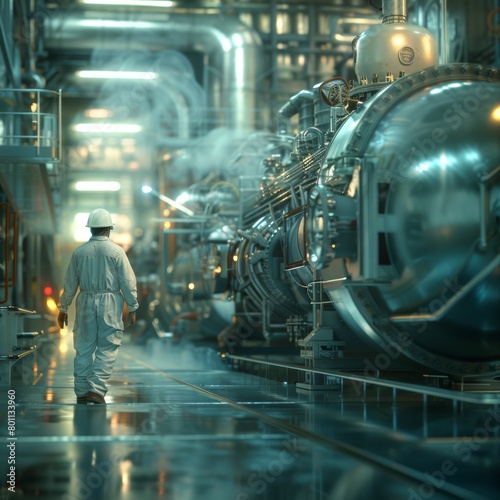 A man in a white suit walks through a factory with a large industrial machine in the background. The scene is industrial and possibly dangerous, as the man is wearing a hard hat
