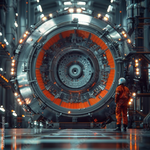 A man in an orange jumpsuit stands in front of a large  metallic sphere. The sphere is surrounded by a bright orange glow  and the man is looking at it with curiosity