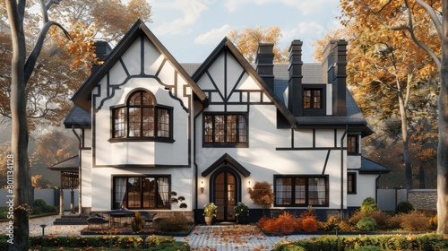 Generate a 3D representation of a white and black modern Tudor home, embraced by the ambiance of autumn.