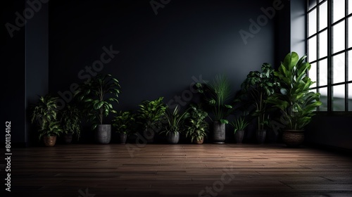 dark room with plants and a wooden floor