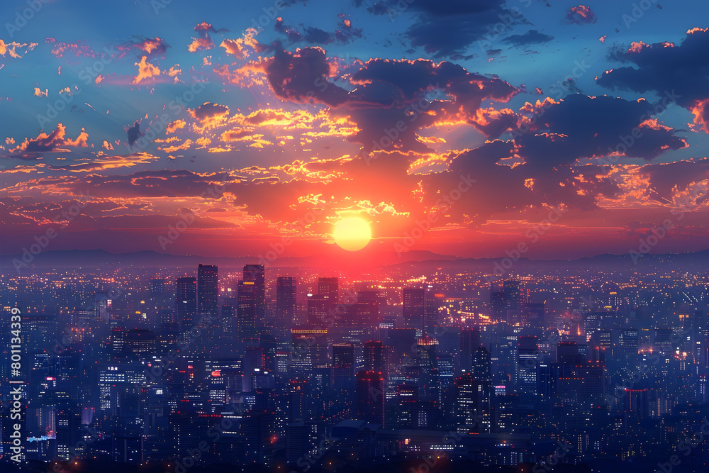 Obraz premium City Skyline with Red Sun in Anime Aesthetic Style