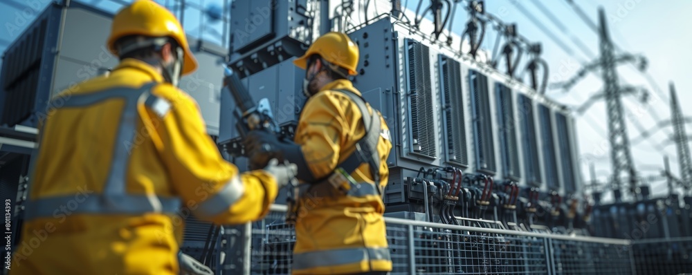 Two men in yellow safety gear are working on a power plant. Scene is ...