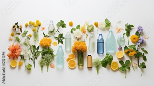 An array of spring cleaning supplies with a fresh, natural floral motif arranged neatly on a white background