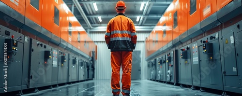 A man in an orange safety suit stands in front of a row of electrical panels. Concept of caution and responsibility, as the man is likely a worker in a hazardous environment photo
