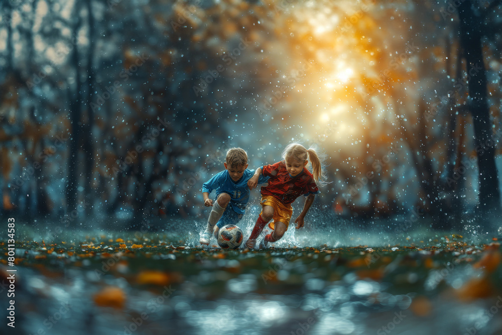 Fototapeta premium Two Young Children Playing Soccer in a Magical Forest Setting