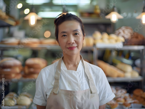 Portrait of asian female baker standing in front of the bread aisle in bakery.  photo