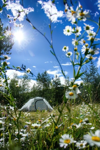 Tent in a meadow under a sunny blue sky