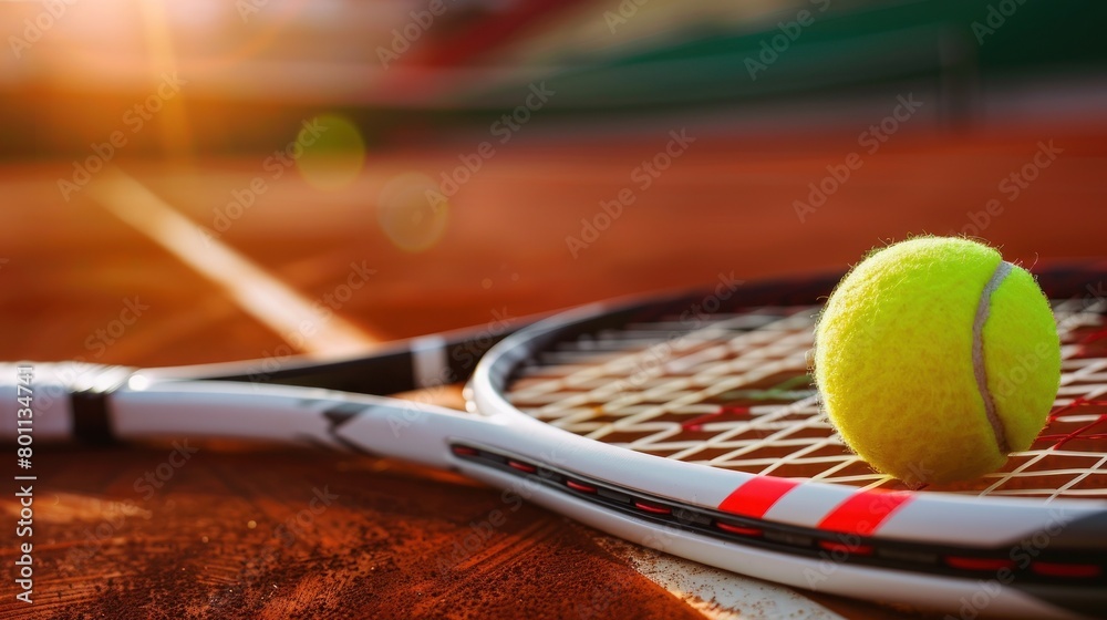 Tennis racket and ball on clay court