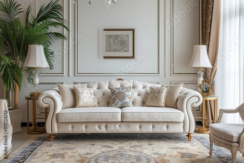 Indian Regency-style white living room with glamorous accents and luxe fabrics. photo