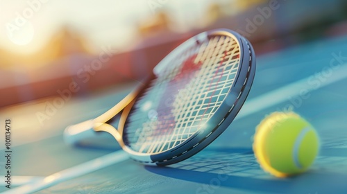 Tennis racket and ball on blue court surface