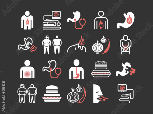 Heartburn. Symptoms, Treatment. Line icons set. Vector signs for web graphics.