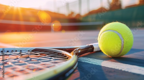 Tennis ball with racket on blue court © Oksana