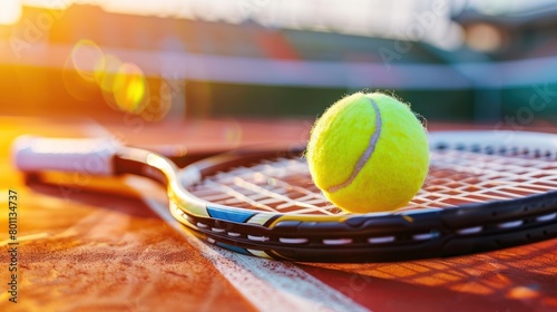 Tennis ball on racket in warm sunset light photo