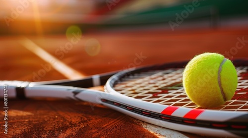 Tennis racket and ball on clay court © Oksana