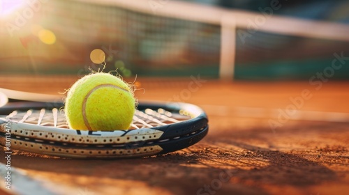 Tennis equipment on clay court at sunset