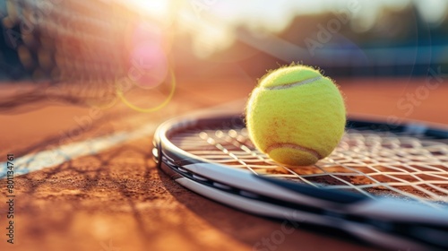 Tennis ball on racket during golden hour © Oksana