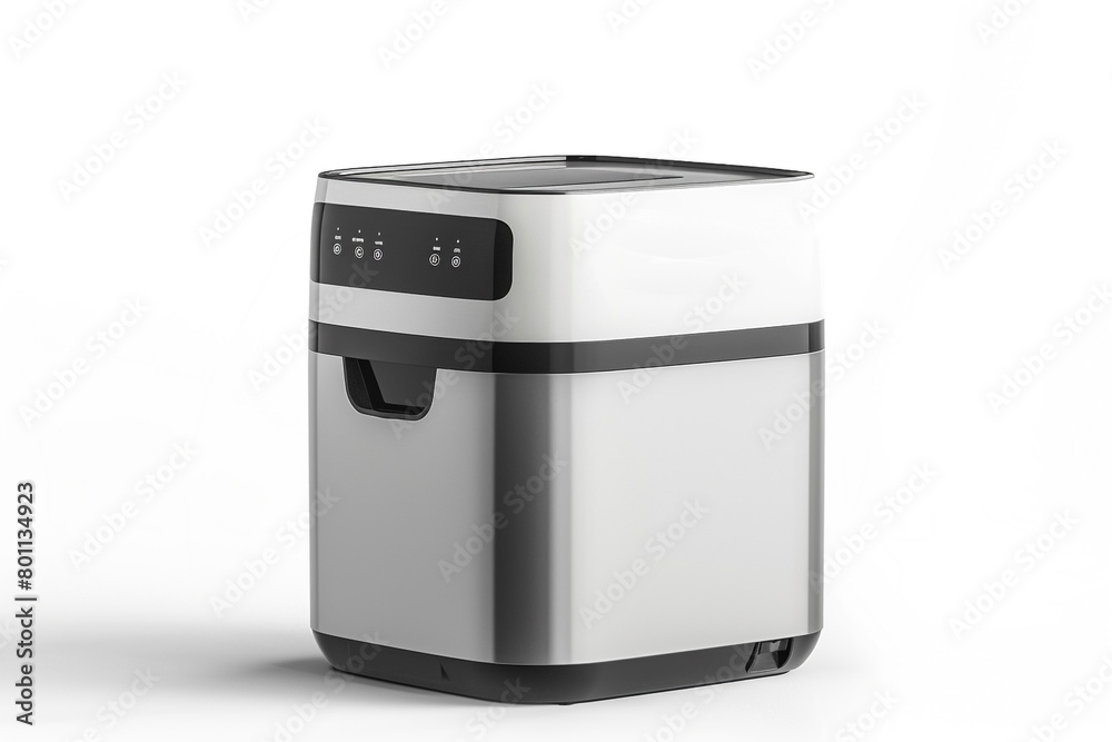 A space-saving bread maker with a vertical design and a built-in timer for fresh bread in the morning isolated on a solid white background. A space-saving bread maker with a vertical design and a built-in timer for fresh bread in the morning isolated on a solid white background.