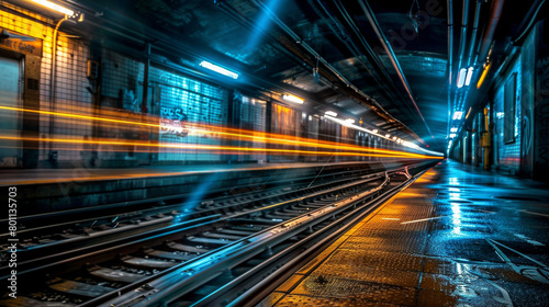 Underground subway platform night time  lights reflection and tracks. Urban background