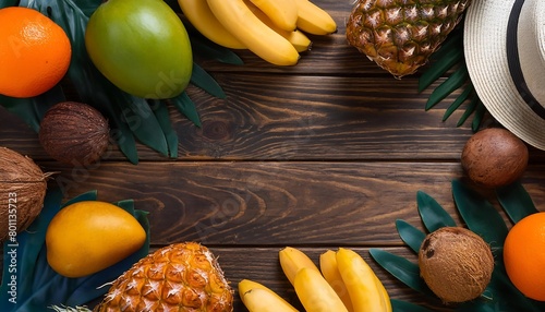 Variety of Asian fruits around the wooden table. Copy space at the middle