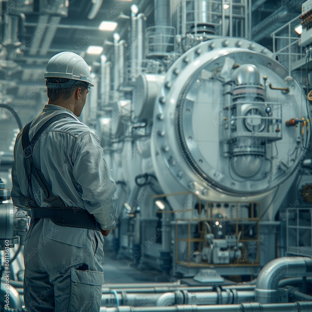A man in a white helmet stands in front of a large industrial machine A man in a white helmet stands in front of a large industrial machine