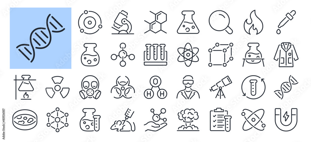 Science, chemistry and laboratory editable stroke outline icons set isolated on white background flat vector illustration. Pixel perfect. 64 x 64.
