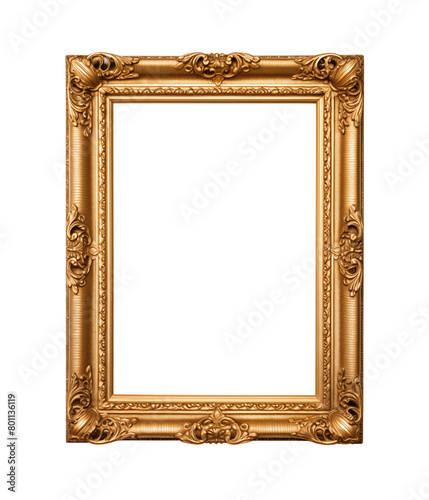 Elegant rectangular gold picture frame with elaborate scrollwork and floral motifs, perfect for art display. Generative AI