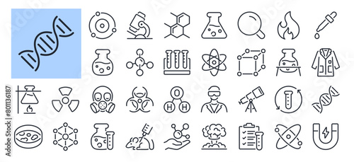 Science  chemistry and laboratory editable stroke outline icons set isolated on white background flat vector illustration. Pixel perfect. 64 x 64. 