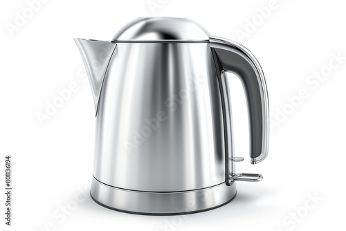 A stainless steel electric kettle with a cordless design and a 360-degree rotating base isolated on a solid white background.