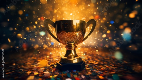 A gleaming gold winners trophy cup takes center stage, surrounded by a festive explosion of colorful celebration confetti and sparkling glitter, symbolizing victory and success in a competition