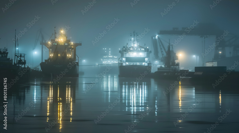 Foggy dockyard at dawn, ship with lights, long reflections and cranes. Trawlers industrial Fishing industry Foggy dockyard at dawn, ship with lights, long reflections and cranes. Trawlers industrial Fishing industry