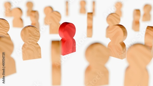 3D rendering of red human figurine among wooden figurines. Social concept as a lonely person living in the society. 