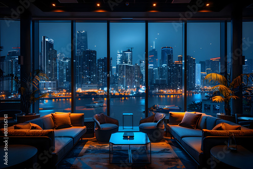 Modern Bar Area with City View in the Style of Night Photography