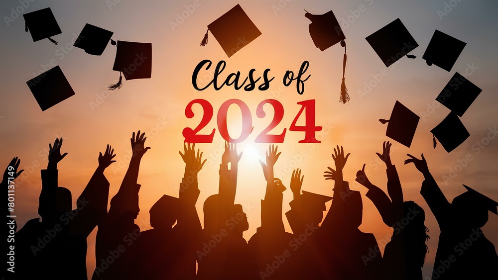 Class of 2024 Graduation Celebration Silhouette, Throwing Caps