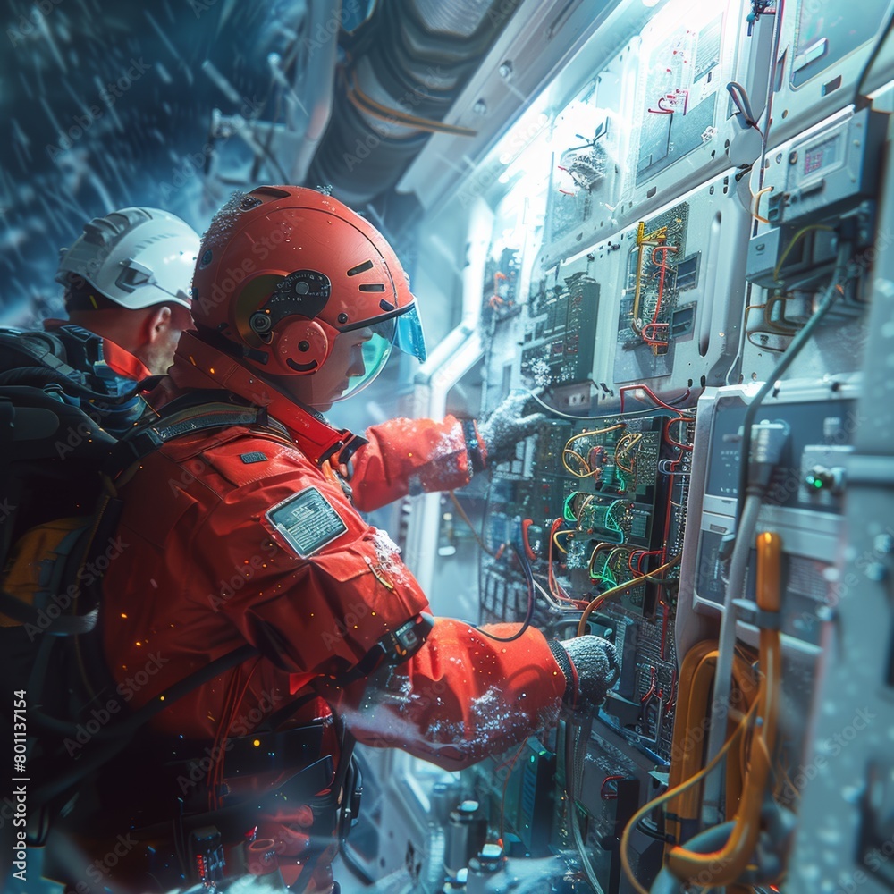 Fototapeta premium A man in an orange jumpsuit is working on a machine. The man is wearing a red helmet and a visor