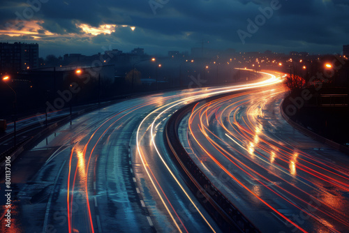 Abstract road background. Light trails on the road at night. Logistics and freight transportation concept. Transportation design background.